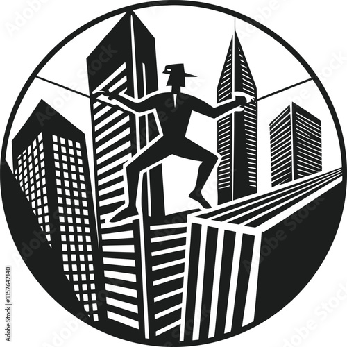 Businessman climbing skyscraper