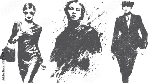 Fashion illustration set featuring stylish models in elegant attires. The black and white vector art emphasizes a modern, chic aesthetic.