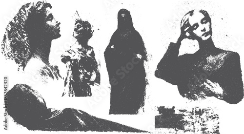 Woman bust sculpture in black and white. Classical statue vector illustration showcasing historical context with elegant details in a monochrome set.