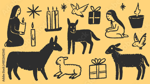 Candles and a girl with a dog in a holiday setting. Simple illustrations featuring gifts, sheep, and birds, vector set.
