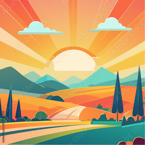 Sunrise Landscape with Rolling Hills and Bold Color Palette