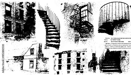 Vintage staircase illustration in black and white. Architectural details captured in an antique style vector set for design use.