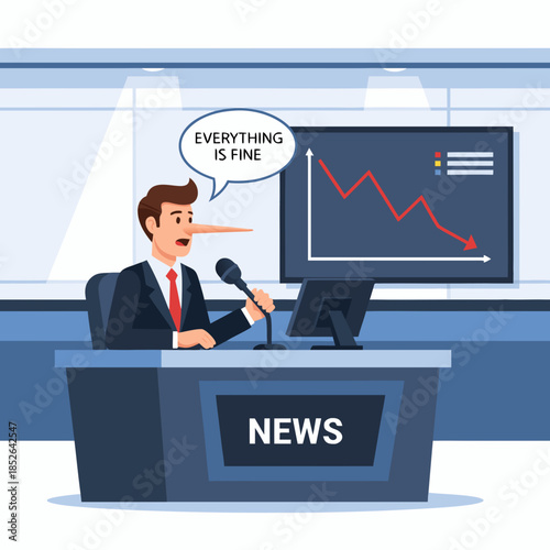 Pinocchio, the long-nosed news anchor, lies in a TV studio amid falling schedules. The concept of fake news, lies in the media, deepfakes and manipulation of economic data on the air.