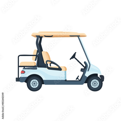 Golf cart illustration with light blue body and beige seats on a white background