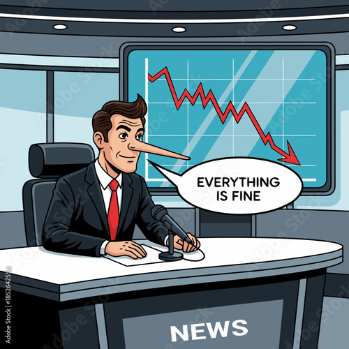 Pinocchio, the long-nosed news anchor, lies in a TV studio amid falling schedules. The concept of fake news, lies in the media, deepfakes and manipulation of economic data on the air.