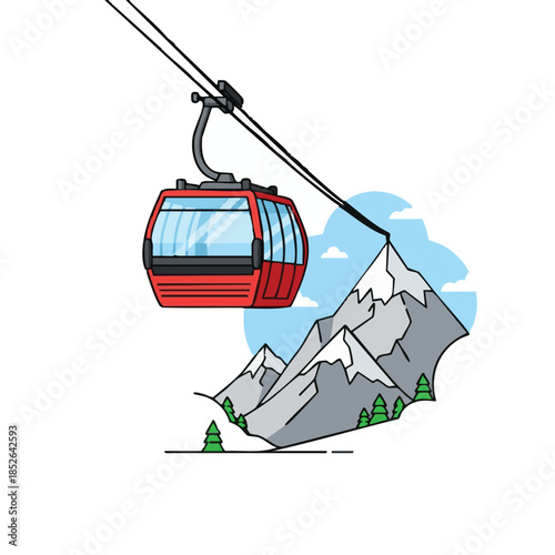 Cable car traveling over mountains with snow-capped peaks and trees