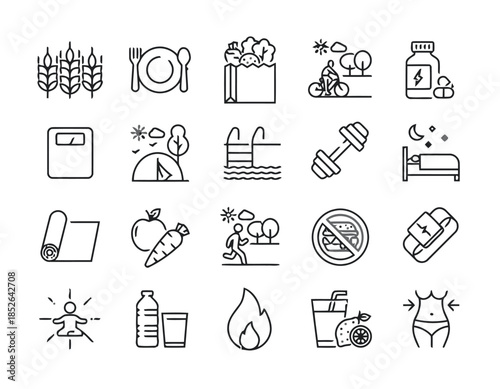 Assorted Lifestyle Icons Represent Health and Wellness, Nutrition, Fitness, and Balanced Living for Promoting a Healthy Lifestyle