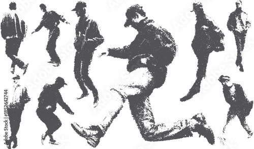 Figures in dynamic poses represent various movements like walking or dancing. This black-and-white vector illustration showcases contemporary style.