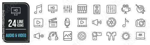 Audio And Video Line Icons Set With Headphones Microphone Camera And Sound Symbols Editable Stroke Vector Illustration Isolated On White Background