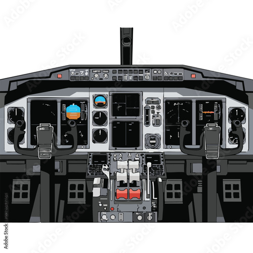 A detailed illustration of an airplane cockpit viewed from the pilot's perspective