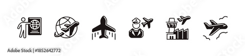 Aviation and Airport Icons Featuring Airplane with Passport Control and Control Tower for Flight Travel Around World With Luggage and Suitcase Service for Global Journey
