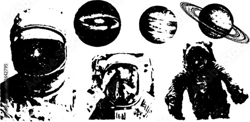 Astronaut in a space suit with planets like Saturn. Black and white vector illustration set, featuring exploration themes and scientific graphics.