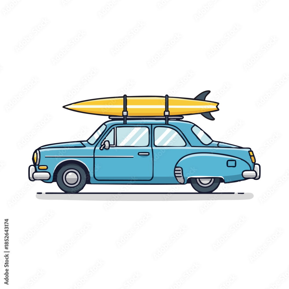 Fototapeta premium Vintage car carrying surfboard on roof rack in a serene landscape view