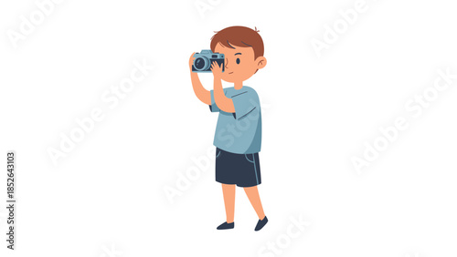 Young boy taking picture with camera, happy and focused on photography