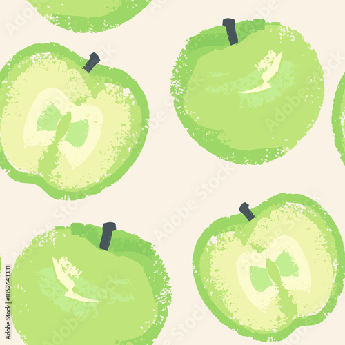 Seamless vector pattern featuring textured green apples and sliced halves in soft pastel tones on a warm light background. Fresh, clean fruity design for textiles, packaging, kitchen decor, prints