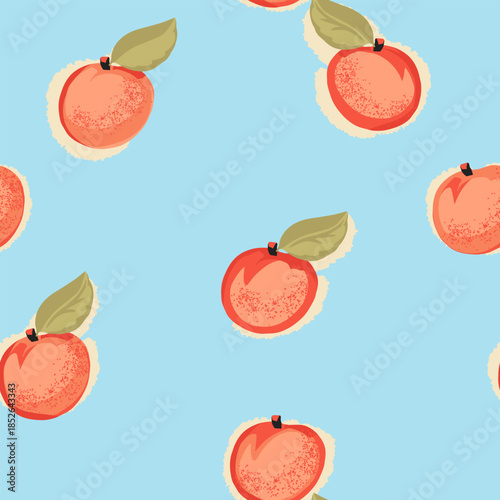 Seamless vector pattern with hand drawn apricots in warm orange tones, textured details, and soft green leaves on a bright blue background. Fresh fruity design for textiles and packaging