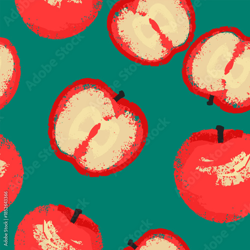 Seamless vector pattern featuring bold textured apples and sliced halves in vibrant red tones on a rich teal background. Dynamic fruity design for textiles, packaging, kitchen decor, and prints