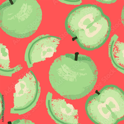 Seamless vector pattern with textured green apples and sliced pieces set against a vibrant coral background. Playful fruity design with a hand painted look, perfect for textiles, packaging, decor