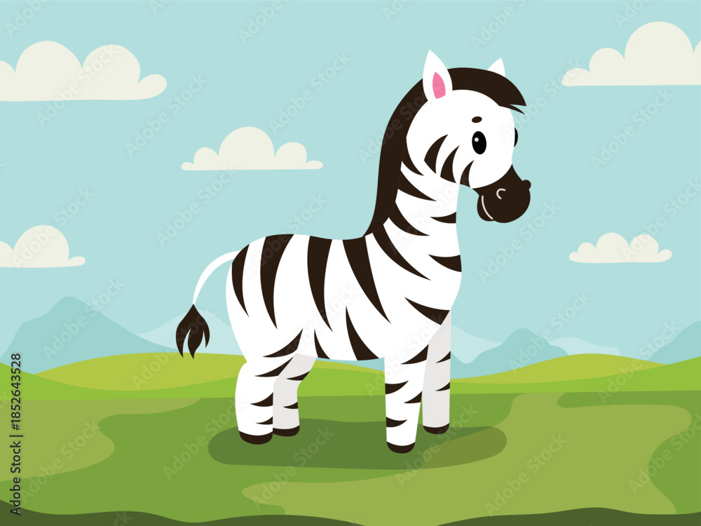 Naklejka premium Zebra on savanna background.Kids African animals.Flat cartoon vector illustration