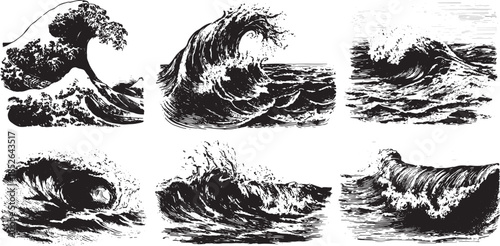Vintage engraved ocean waves in black and white. Detailed set of graphic illustrations showcasing various wave shapes and textures in vector format.