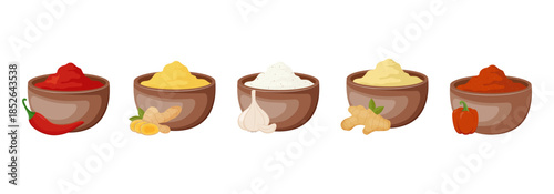 Vector illustration of various cooking pastes and spices in bowls, including chili, ginger, and garlic