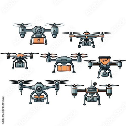 Assorted drones with orange accents displayed in various viewpoints against a white background