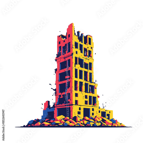 Vsai destroyed building standing amidst rubble illustration