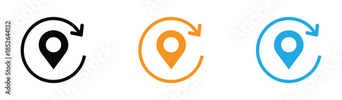 location, map, address icon Location pin with circular arrows symbolizing movement and navigation. Location pin icons with circular arrows in black, orange, blue.