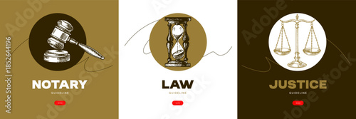 Sketch judicial law banner set. Court, justice, rights, artificial intelligence regulation, notary service, mediation center, arbitration concept. Engraved hand drawn vector illustration.