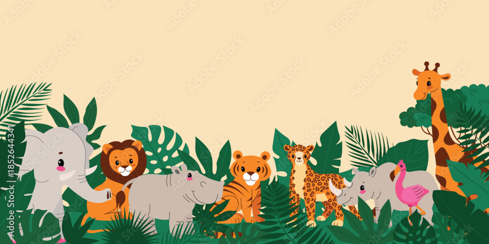 Obraz premium Banner with cute African animals and tropical leaves.Frame and template. Kids' decor, invitations, and nursery art. Vector cartoon flat illustration