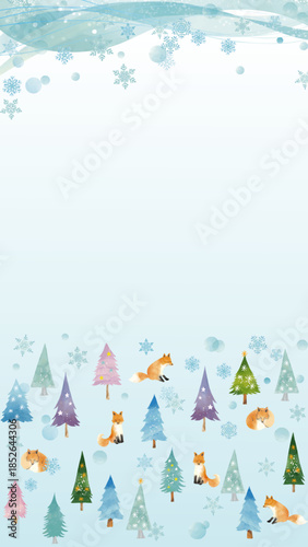 水彩風 冬のかわいい樹々と雪とキタキツネのいる風景2(16:9)縦 Winter Series:Watercolor winter landscape with cute trees, snow and red foxes