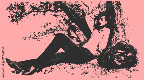 Person sitting casually against a tree in a pink outdoor background. The silhouette and stylish clothing create a relaxed vibe in this vector illustration.