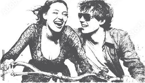 Couple riding a bicycle and smiling in black and white. Joyful outdoor moment in a retro style vector illustration.