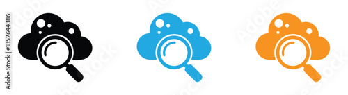 Cloud Search Icon Set. Cloud storage and search icons. Magnifying Glass in Cloud Symbols Vector Design. An icon of a cloud with a magnifying glass.