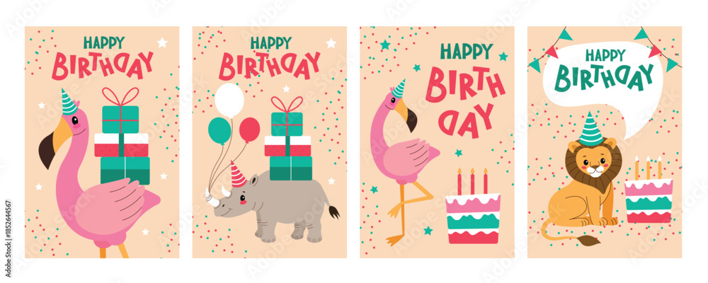 Obraz premium Kids birthday card,African animals,safari theme.Set of fun cards with lettering and balloons.Cartoon vector illustration in a flat style