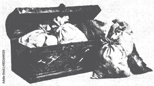 Treasure chest filled with bags. Vintage wooden storage in a detailed design. A classic vector illustration showcasing historical artifacts.