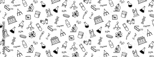 Chemistry doodle seamless pattern background science biology laboratory hand drawing cute