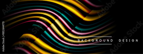 Abstract colorful lines flow across black background. Dynamic waves create modern visual effect. Bright hues add energy, depth.