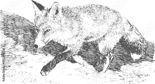 Fox in black and white illustration style. Detailed wildlife sketch showing the animal running in a natural setting, presented as a vector illustration.