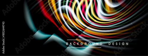 Dynamic abstract lines create vibrant flow. Black background emphasizes colorful curves, geometric shapes, modern design elements.
