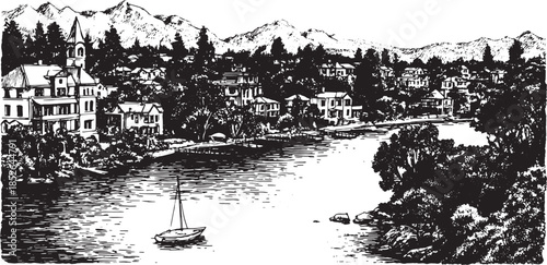 Landscape vector illustration featuring a river, mountains, and houses. A detailed black and white drawing showcasing nature scenery in a peaceful setting.