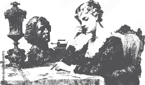 Elegant woman writing at a desk. Vintage illustration featuring a bust and typewriter, capturing literary moments in black and white vector style.
