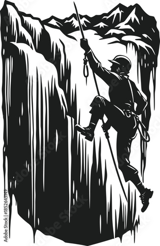 Ice climber ascending frozen peak