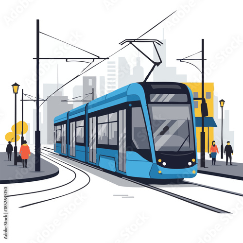 Modern tram traveling through urban cityscape with pedestrians on the platform