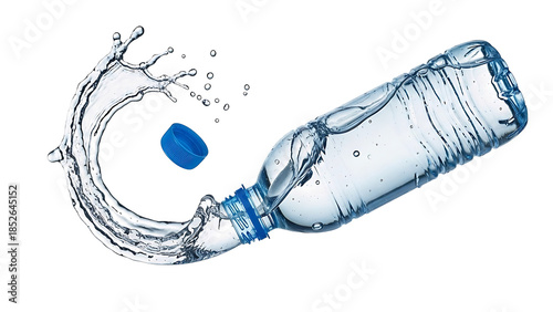 Dynamic blue water splash escaping from a plastic bottle on black background isolated on transparent background