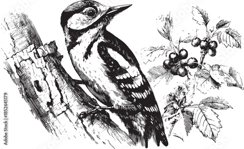 Illustration of a woodpecker perched on a tree branch. Detailed black and white vector artwork showcasing elements of nature and wildlife.
