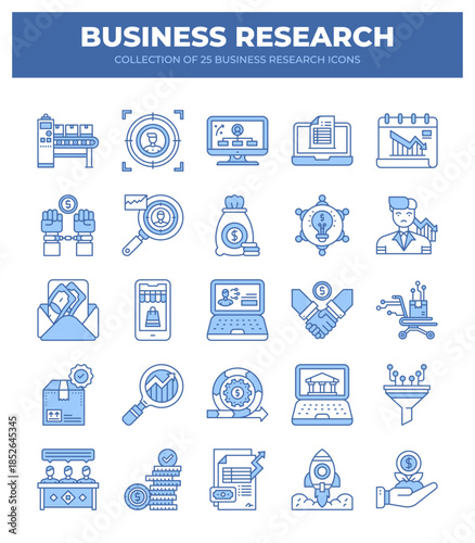 Collection of Business Research Icons. 25 Essential Icons for Market Analysis