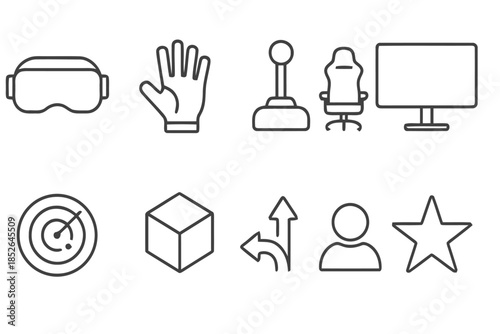 Black and White Set of Linear Icons Presenting Gaming and Virtual Reality Elements on White Backdrop Exactly 200 Characters in Length
