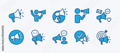 Blue tone marketing promotion megaphone icon set vector illustration