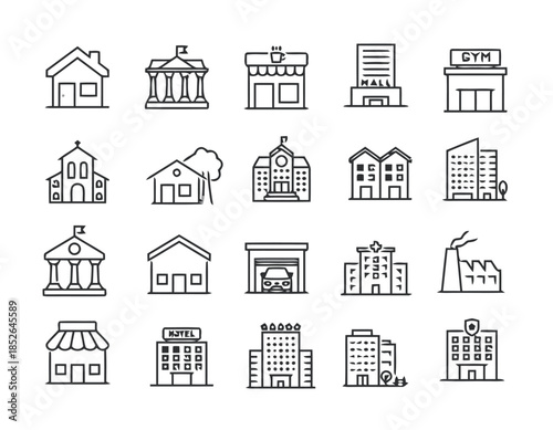 Buildings and architecture line icons set vector illustration